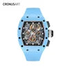 Luxury Men's Carbon Tonneau Mechanical Watches Sapphire Crystal Watch Glasswith Luminous Hands and Transparent Movement Back