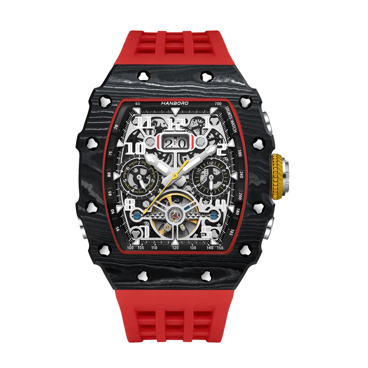 HANBORO Luxury Skeleton Wristwatch Carbon Fiber Watch with Chronograph Waterproof Sport Watch for Men Perfect for Racing