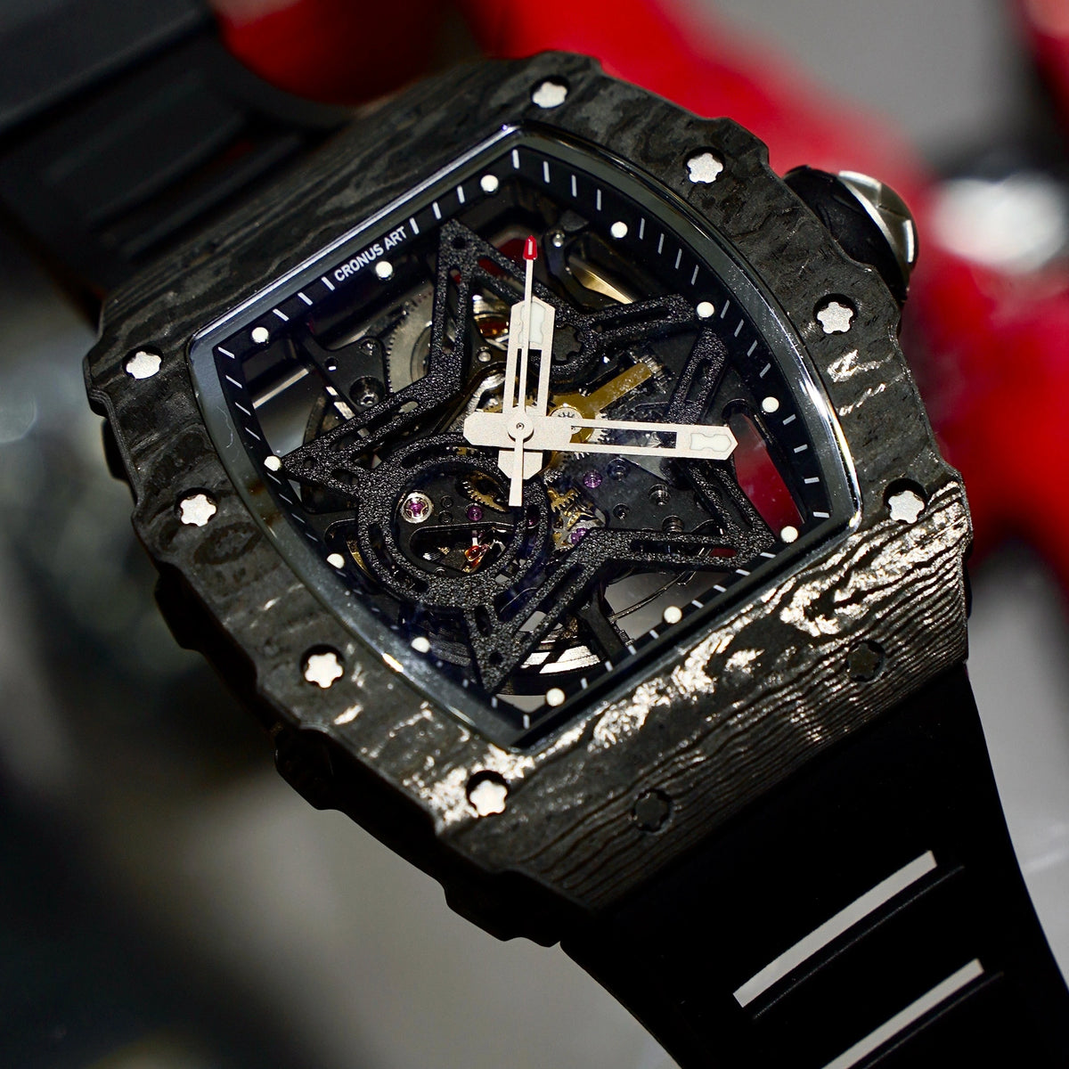 Luxury Carbon Fiber Mechanical Watch - Skeletonised Dial  for Men s  Accents (Tonneau Design)trend Products Men
