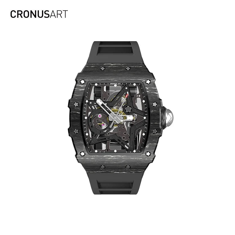 Luxury Carbon Fiber Mechanical Watch - Skeletonised Dial  for Men s  Accents (Tonneau Design)trend Products Men