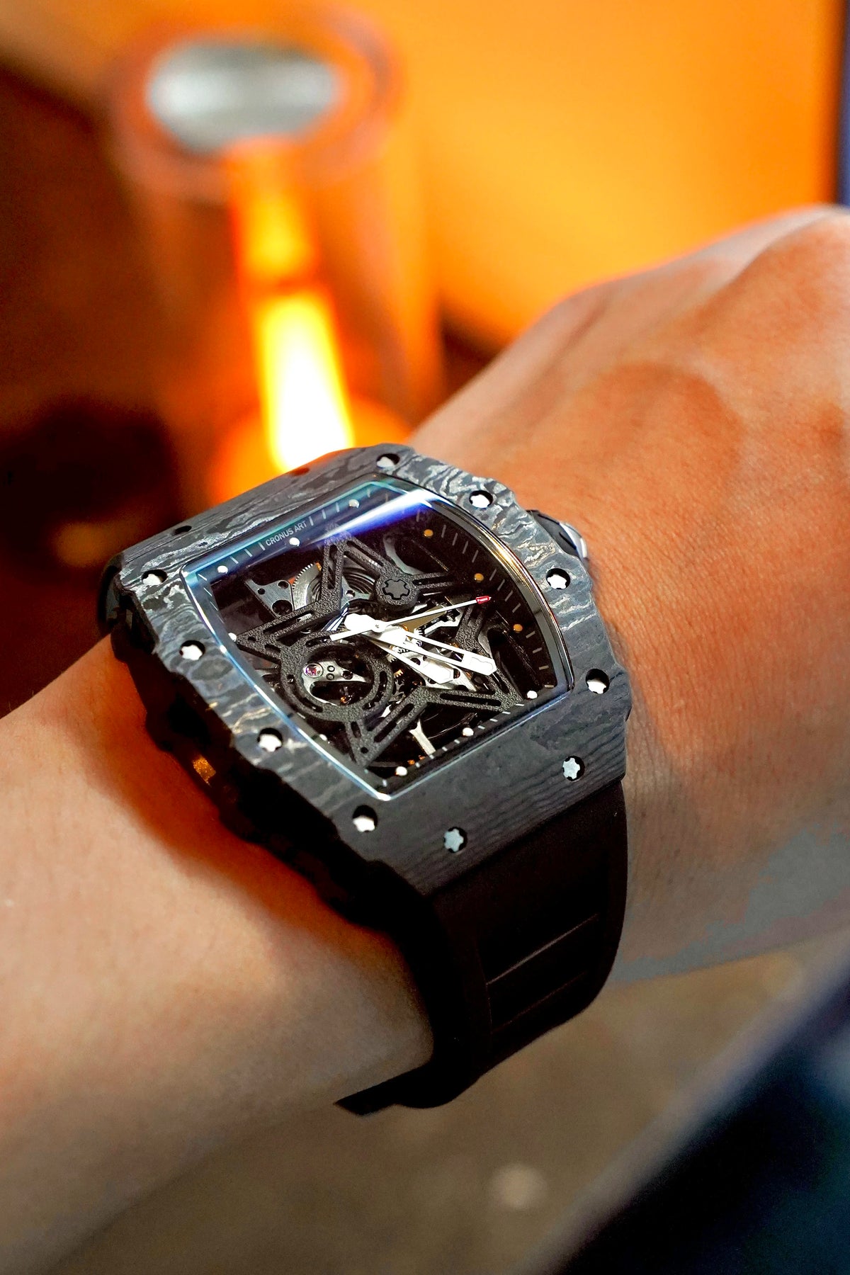 Luxury Carbon Fiber Mechanical Watch - Skeletonised Dial  for Men s  Accents (Tonneau Design)trend Products Men