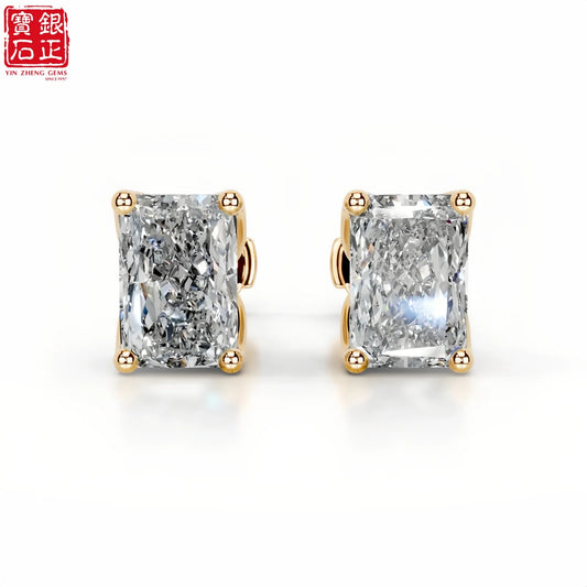 925 Sterling Silver Gold Plated Radiant Cut Moissanite Claw Setting Stud Earrings for Women's Engagement Luxury Jewelry