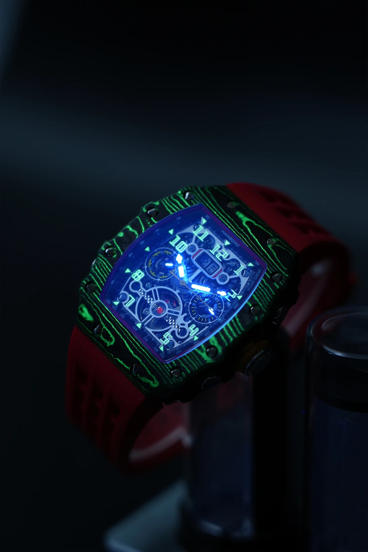HANBORO Luxury Skeleton Wristwatch Carbon Fiber  Watch with Chronograph Waterproof Sport Watch for Men Perfect for Racing