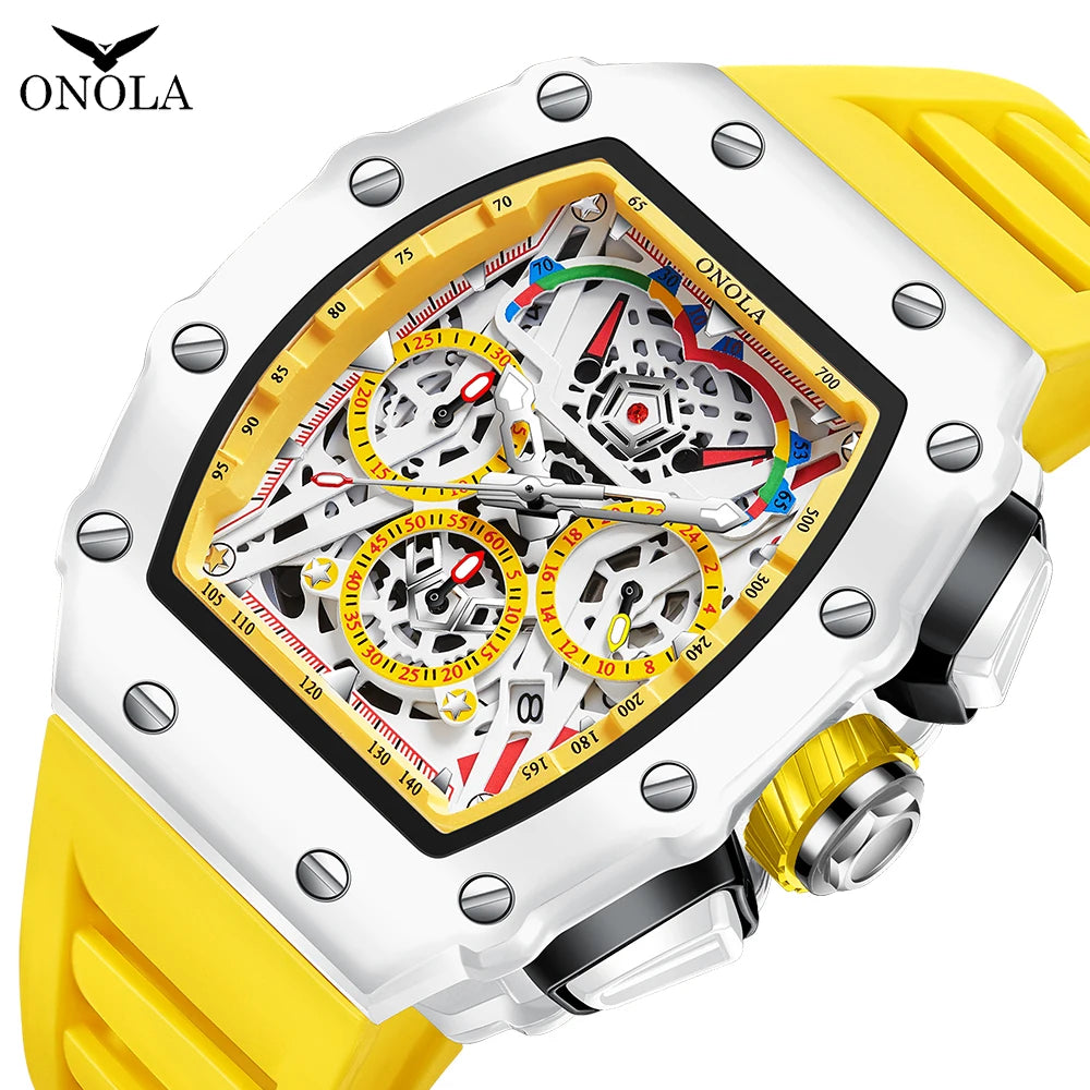 ONOLA ON6827W New Fashion Mens Tonneau Watch Waterproof Chronograph Quartz Sports Silicone Strap Yellow Wristwatch Luxury Clock