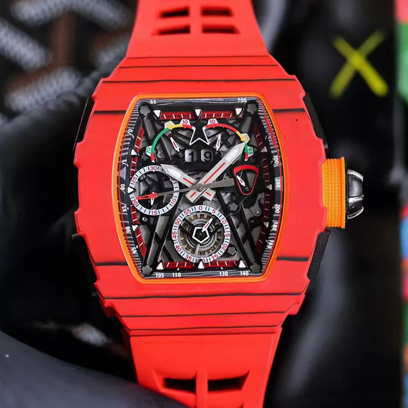 Custom Limited Edition Luxury Racing Style Lightweight Mechanical Carbon Fiber Tonneau Wristwatch Skeletonized Movement Pointer