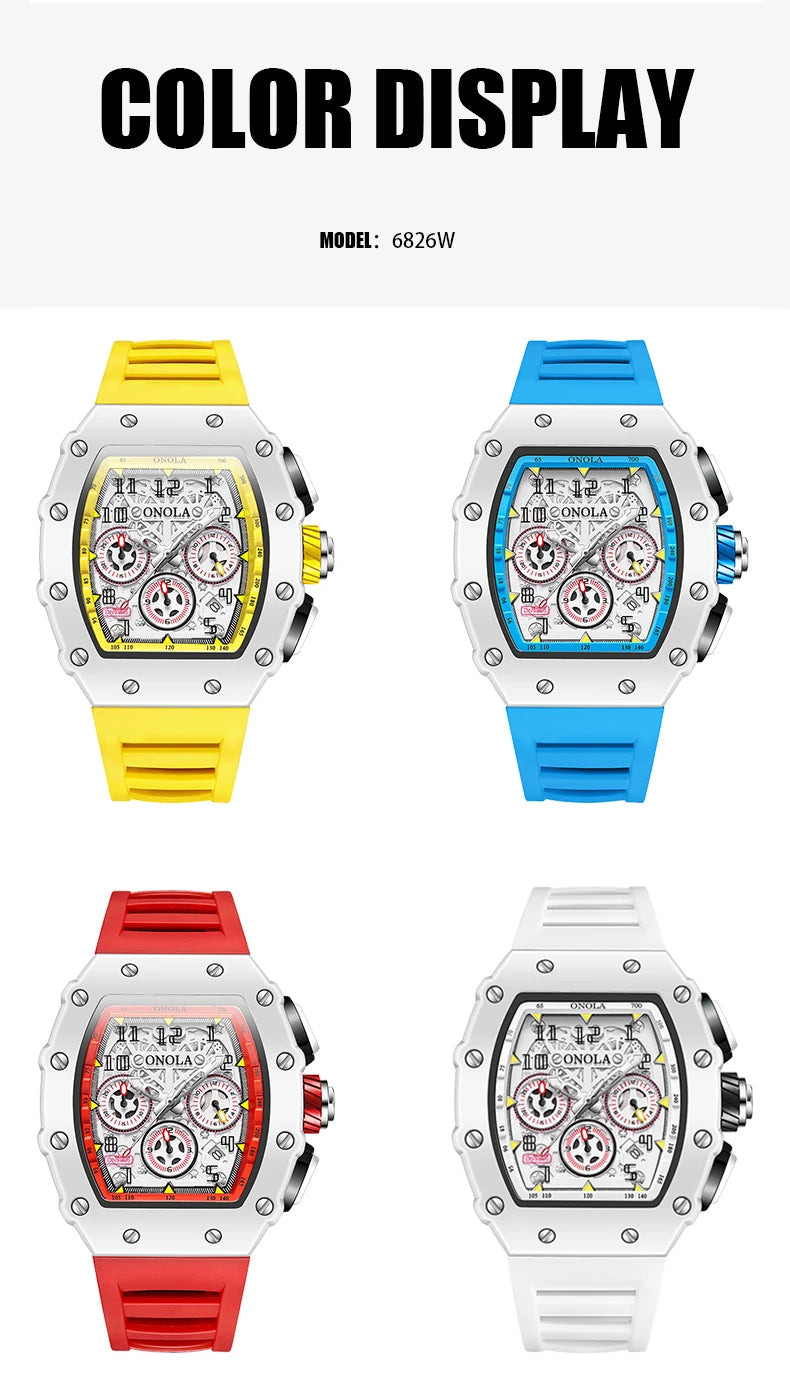 Onola 6826W Fashion Tonneau Shape Watch Luxury Sport Silicone Clock for Men Reloj High Quality Glass Alloy Case Luminous Watches