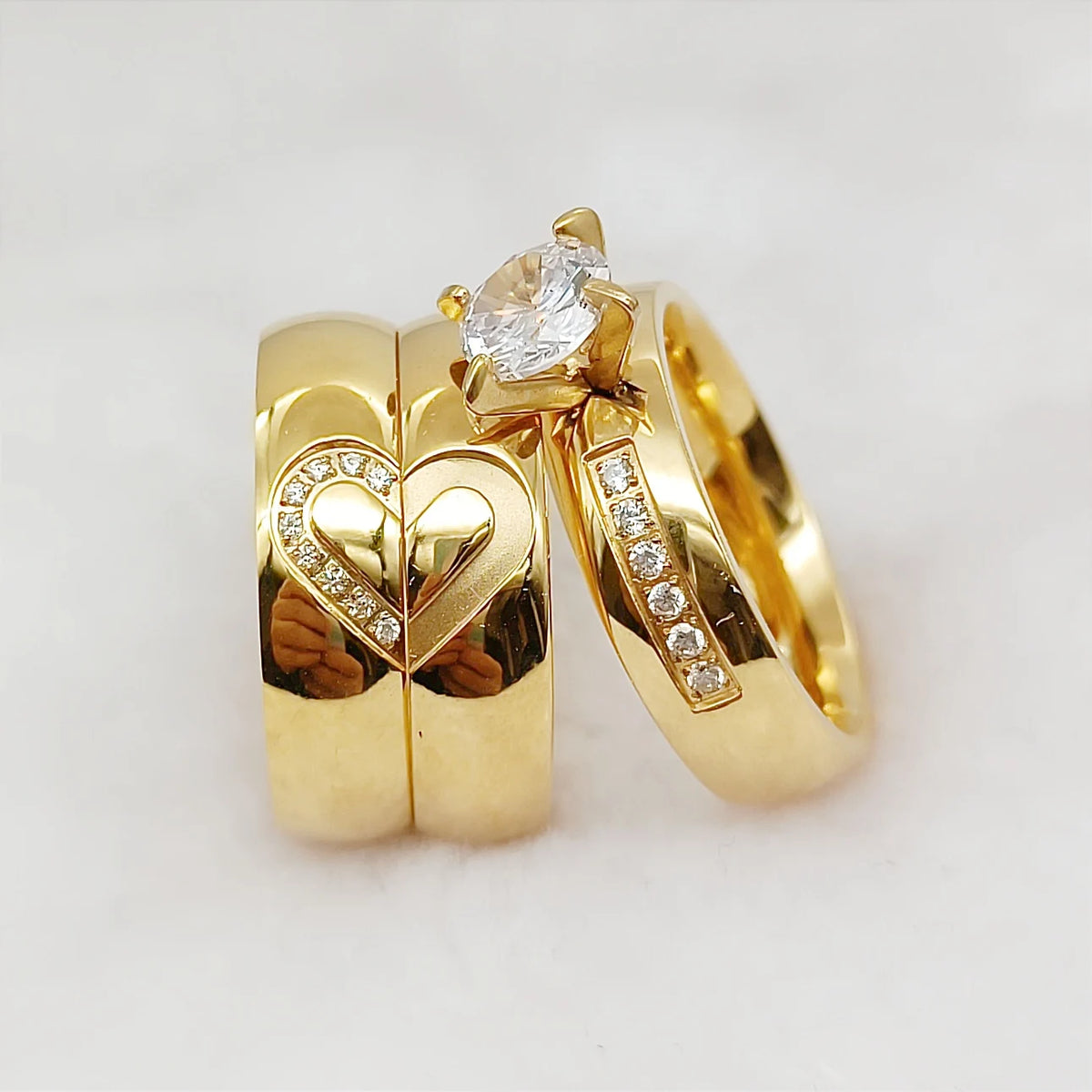 Cubic Zirconia Diamond 24k Gold Plated Jewelry Couples Wedding Engagement Rings Bridal Sets Comfort Fit