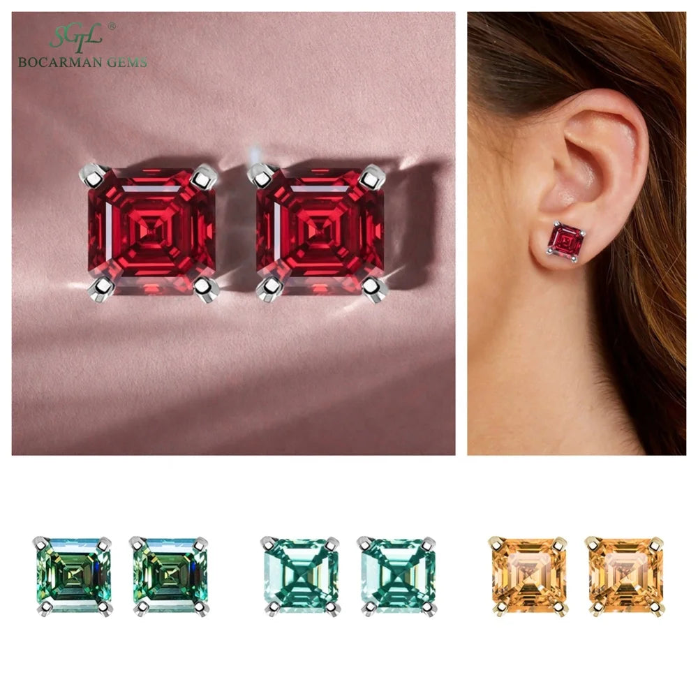 Classic Asscher Cut GRA Moissanite Stud Earrings 1ct-2ct S925 Silver 4Prong Setting in Stock Gold/Silver for Women