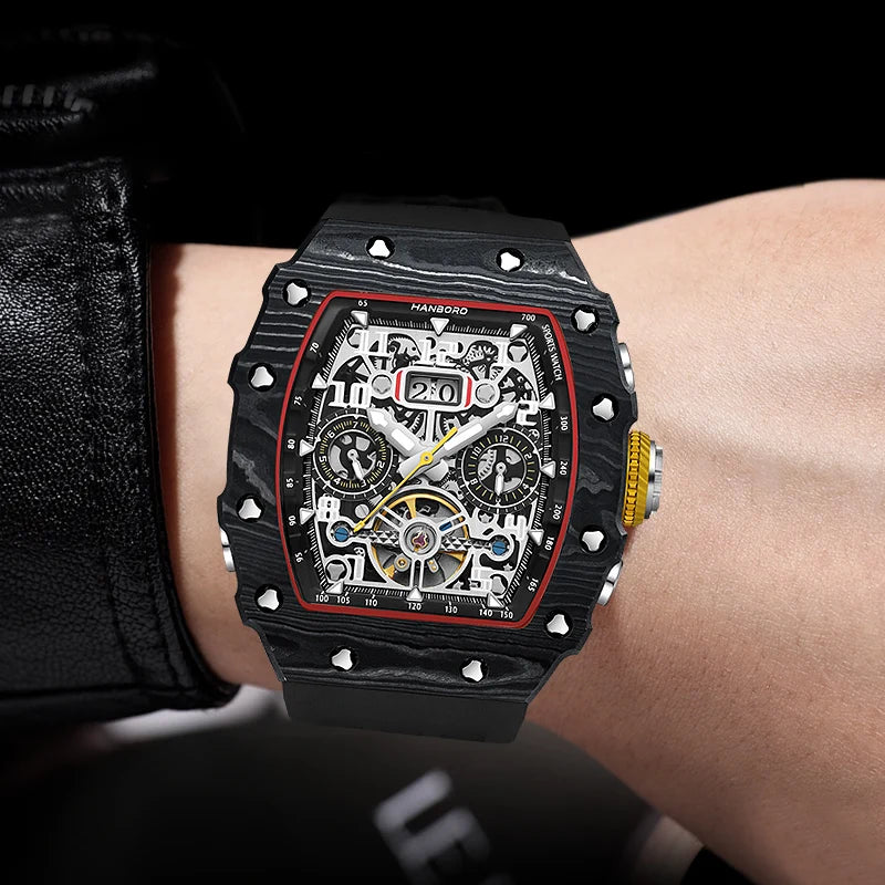 Iced Out Hip Hop Diamond Automatic Flywheel Watch for Men HANBORO Square Case Skeleton Mechanical Multifunctional Silicone Band