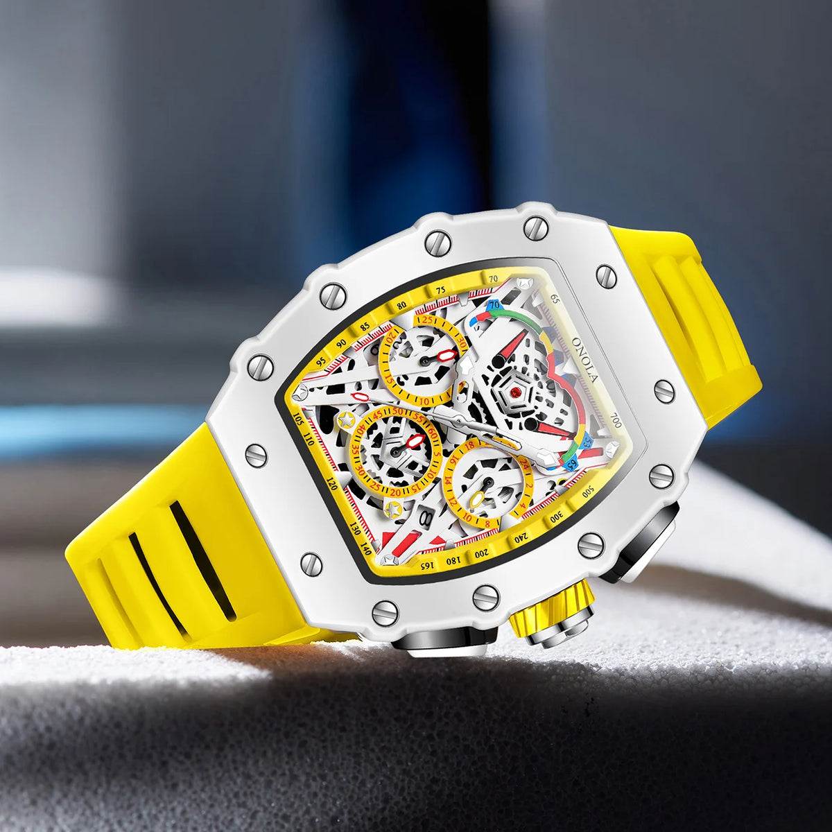 ONOLA ON6827W New Fashion Mens Tonneau Watch Waterproof Chronograph Quartz Sports Silicone Strap Yellow Wristwatch Luxury Clock