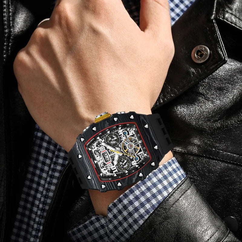 Iced Out Hip Hop Diamond Automatic Flywheel Watch for Men HANBORO Square Case Skeleton Mechanical Multifunctional Silicone Band