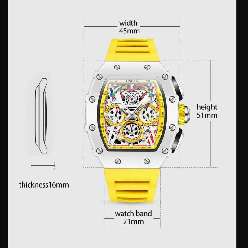 ONOLA ON6827W New Fashion Mens Tonneau Watch Waterproof Chronograph Quartz Sports Silicone Strap Yellow Wristwatch Luxury Clock