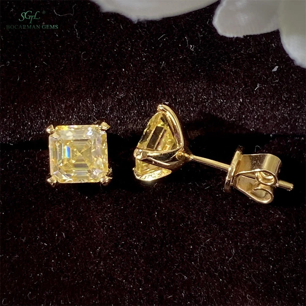 Classic Asscher Cut GRA Moissanite Stud Earrings 1ct-2ct S925 Silver 4Prong Setting in Stock Gold/Silver for Women