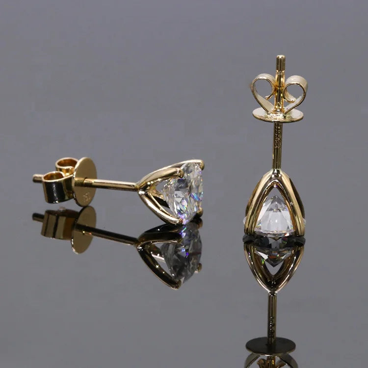 1ct X 2 Round Moissanite Diamond Stud Earrings for Women Simple 4 Claws 18K Yellow Gold Fine Jewelry
