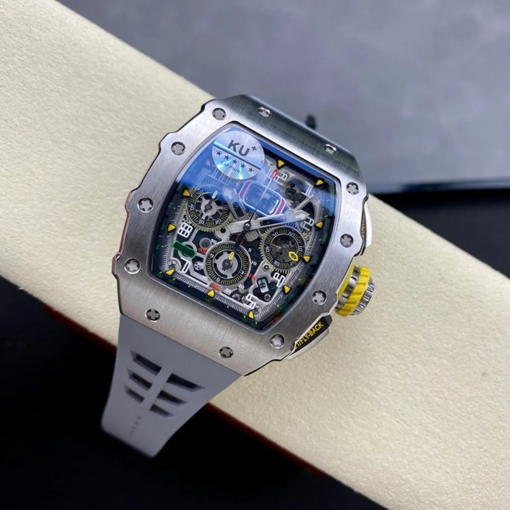 Luxury RM11-03 Style Skeleton Flyback Chronograph Automatic Watch Ti Metal Carbon Tonneau Case Rubber Strap Men Sports Watch