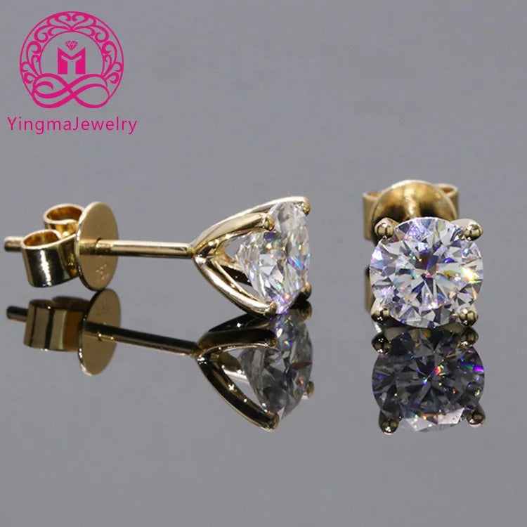 1ct X 2 Round Moissanite Diamond Stud Earrings for Women Simple 4 Claws 18K Yellow Gold Fine Jewelry