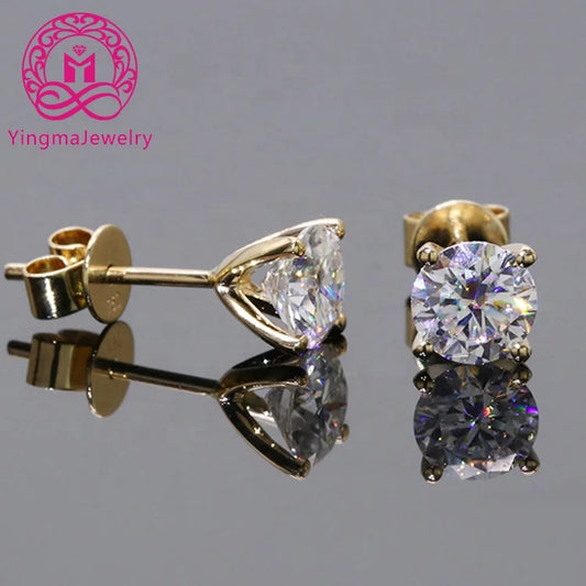 1ct X 2 Round Moissanite Diamond Stud Earrings for Women Simple 4 Claws 18K Yellow Gold Fine Jewelry