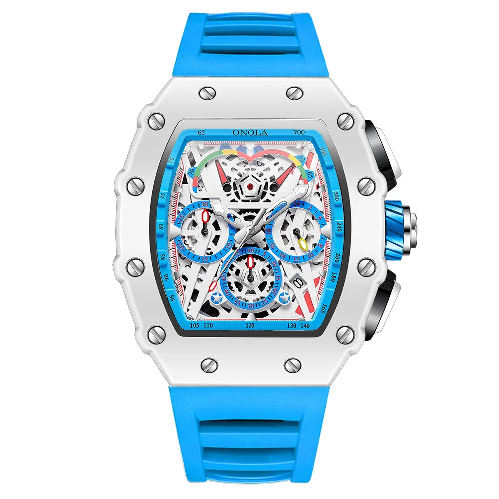 ONOLA ON6827W New Fashion Mens Tonneau Watch Waterproof Chronograph Quartz Sports Silicone Strap Yellow Wristwatch Luxury Clock