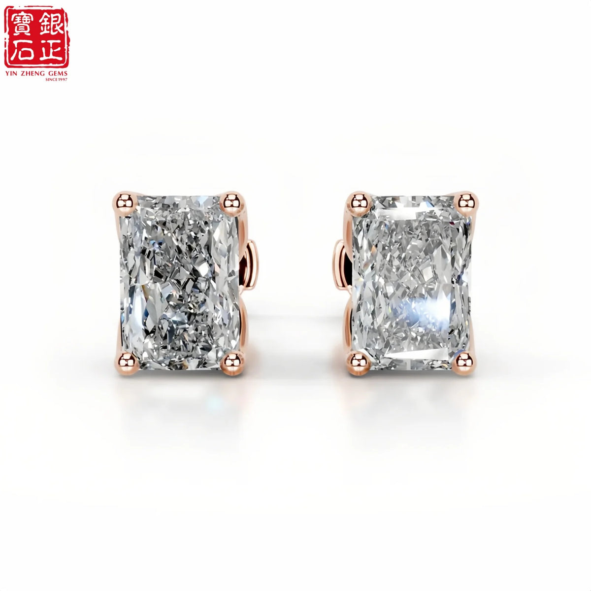 925 Sterling Silver Gold Plated Radiant Cut Moissanite Claw Setting Stud Earrings for Women's Engagement Luxury Jewelry