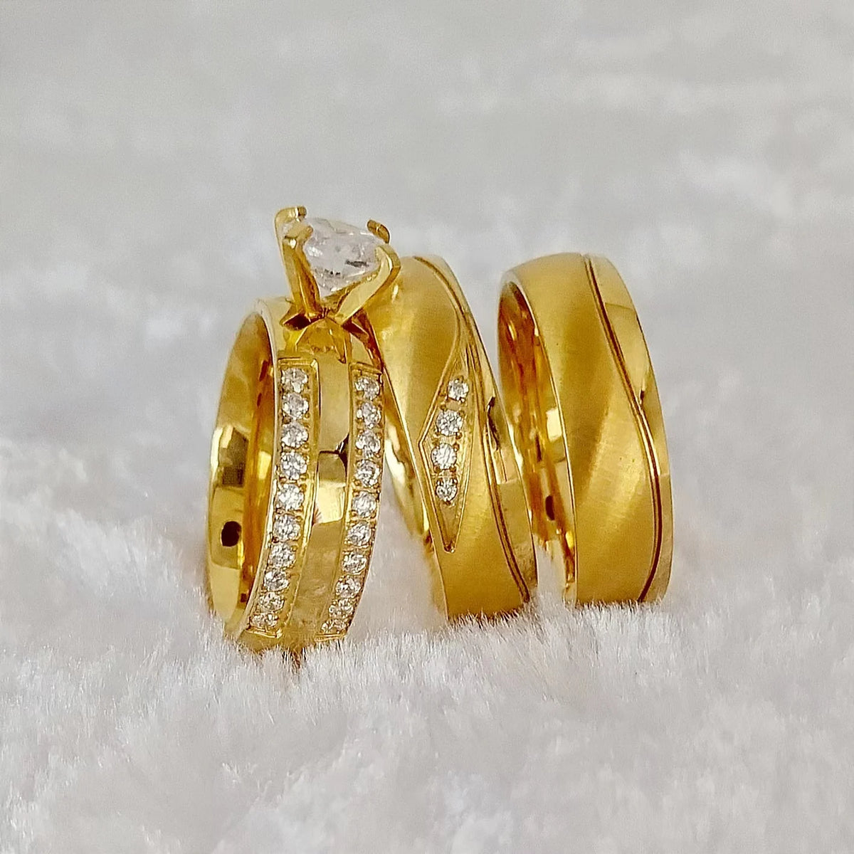 Cubic Zirconia Diamond 24k Gold Plated Jewelry Couples Wedding Engagement Rings Bridal Sets Comfort Fit