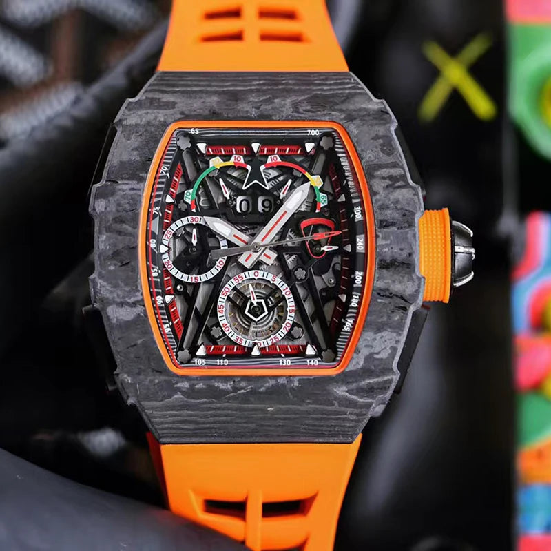 Custom Limited Edition Luxury Racing Style Lightweight Mechanical Carbon Fiber Tonneau Wristwatch Skeletonized Movement Pointer