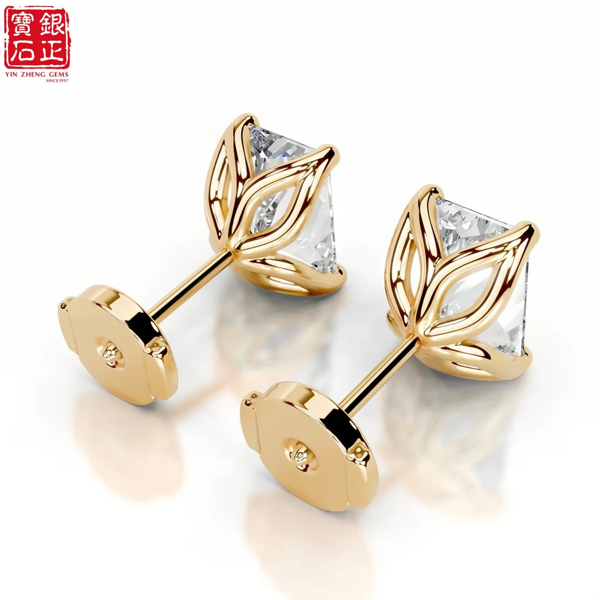 925 Sterling Silver Gold Plated Radiant Cut Moissanite Claw Setting Stud Earrings for Women's Engagement Luxury Jewelry