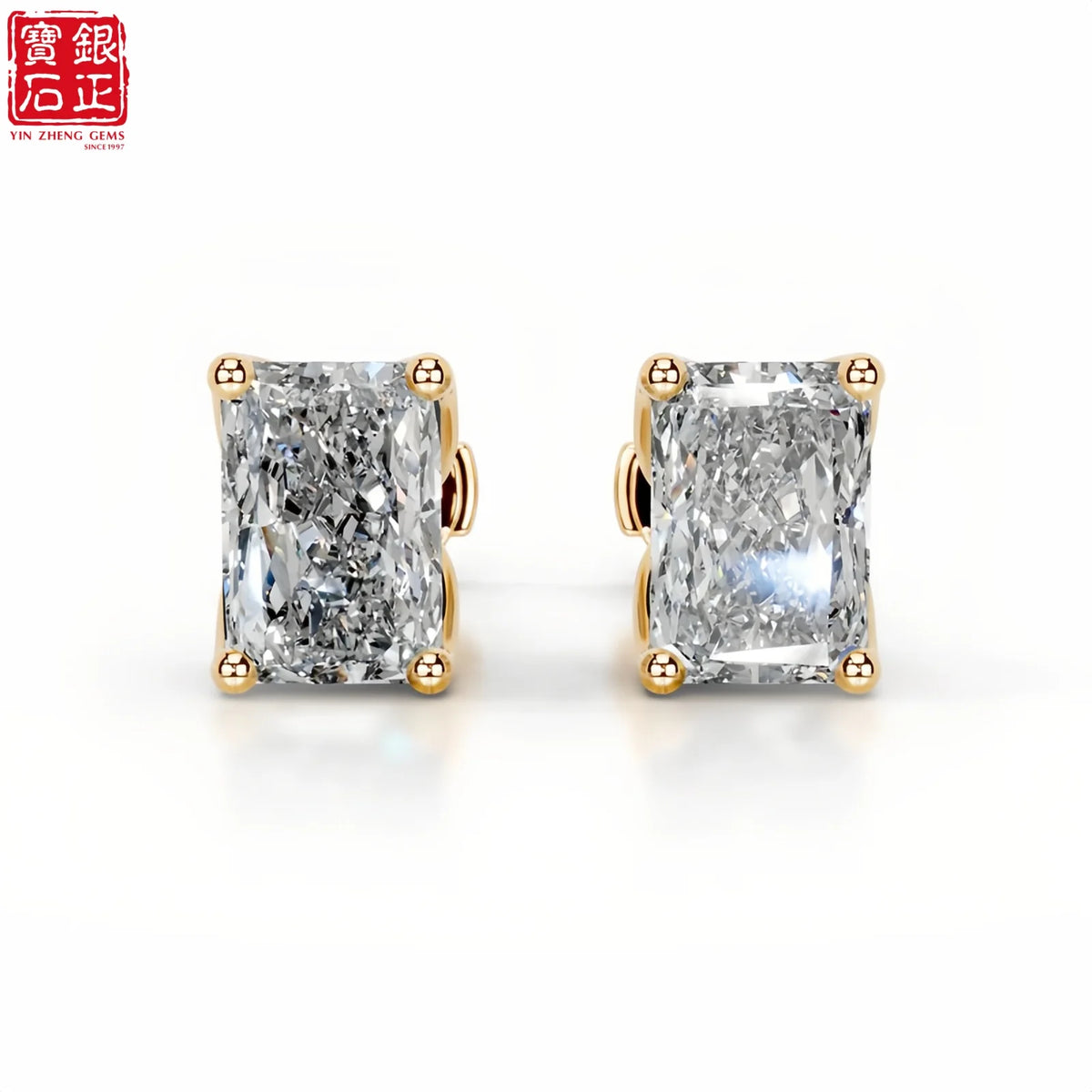 925 Sterling Silver Gold Plated Radiant Cut Moissanite Claw Setting Stud Earrings for Women's Engagement Luxury Jewelry