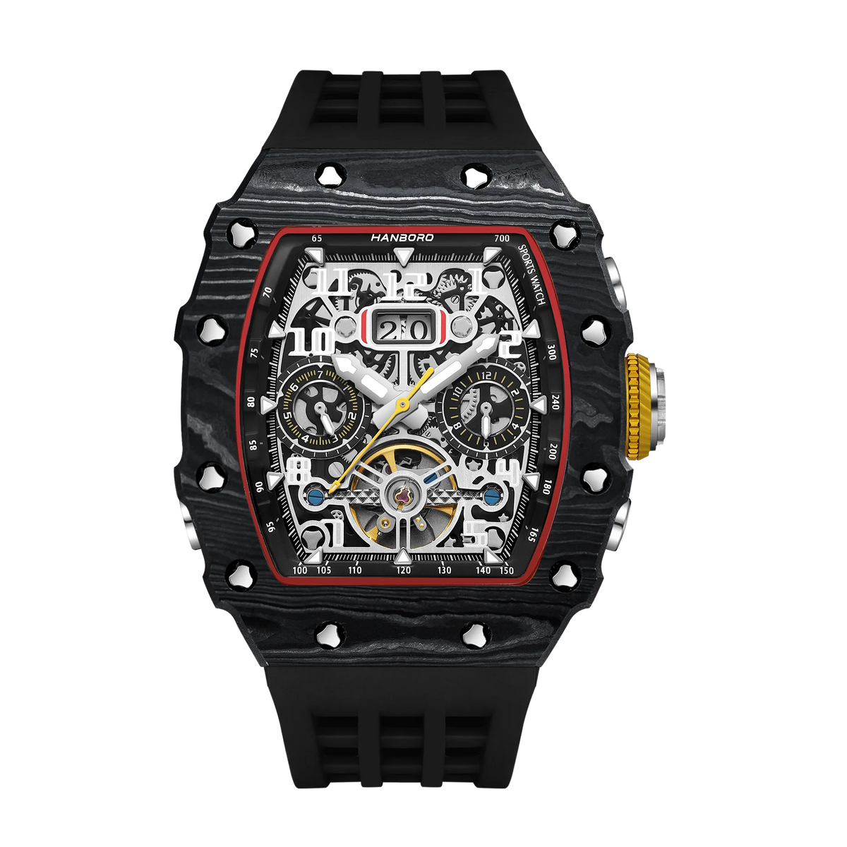 HANBORO Luxury Skeleton Wristwatch Carbon Fiber  Watch with Chronograph Waterproof Sport Watch for Men Perfect for Racing