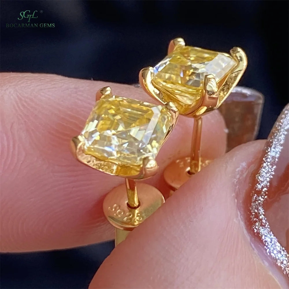 Classic Asscher Cut GRA Moissanite Stud Earrings 1ct-2ct S925 Silver 4Prong Setting in Stock Gold/Silver for Women