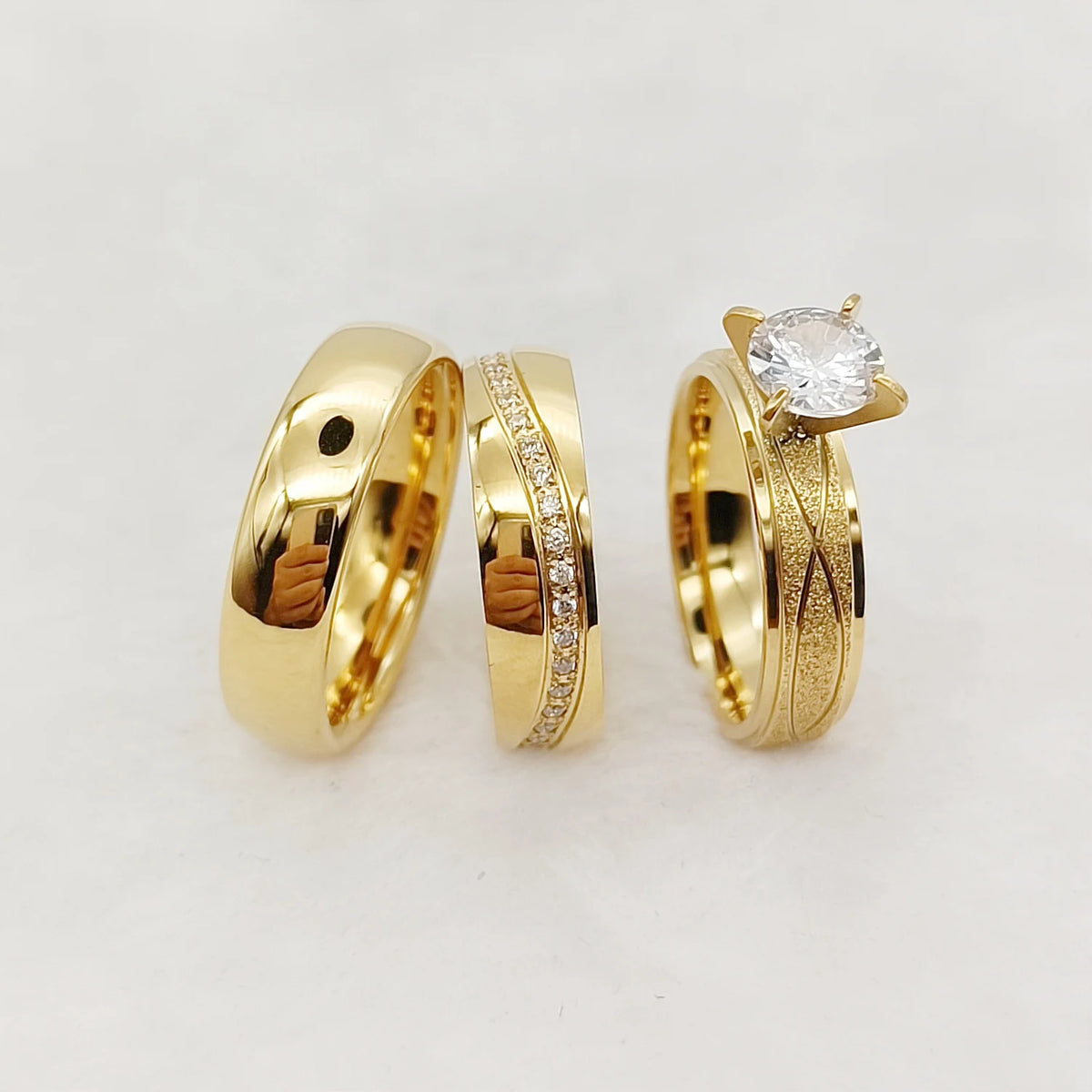Cubic Zirconia Diamond 24k Gold Plated Jewelry Couples Wedding Engagement Rings Bridal Sets Comfort Fit