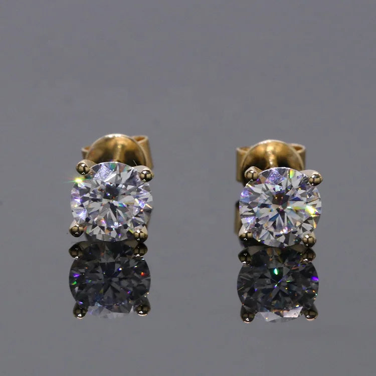 1ct X 2 Round Moissanite Diamond Stud Earrings for Women Simple 4 Claws 18K Yellow Gold Fine Jewelry