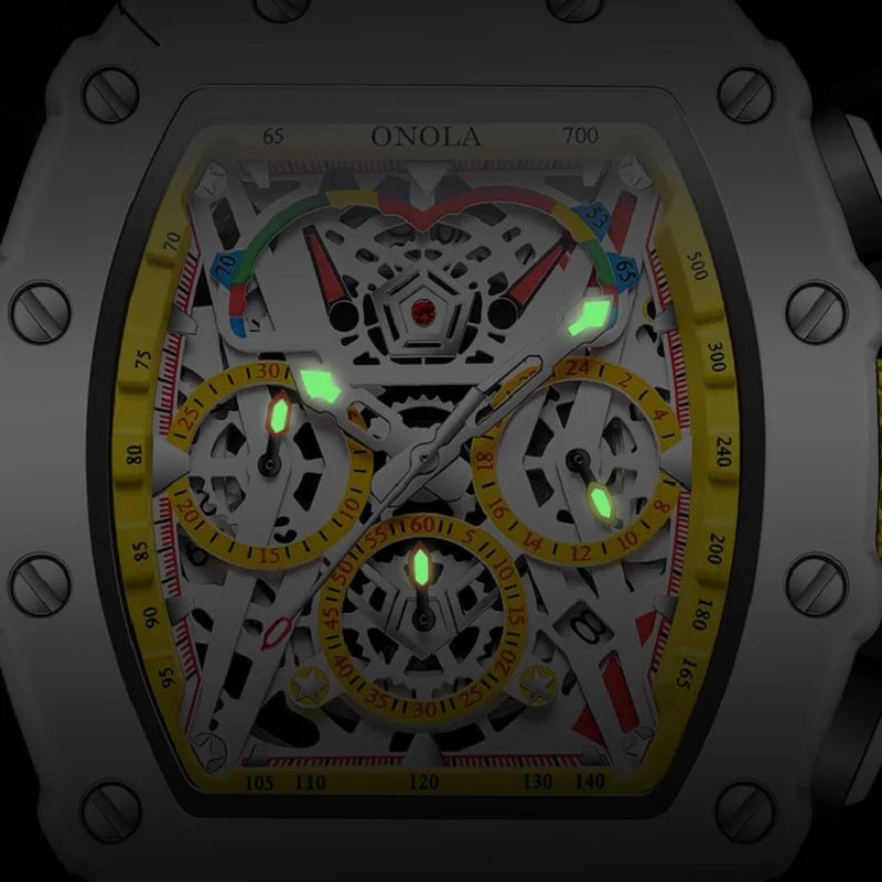 ONOLA ON6827W New Fashion Mens Tonneau Watch Waterproof Chronograph Quartz Sports Silicone Strap Yellow Wristwatch Luxury Clock