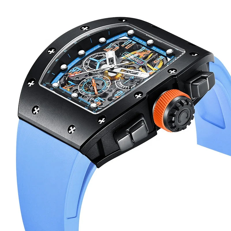 2025 Men's Carbon Tonneau  Luxury Mechanical Watches, Sapphire Crystal Glass Transparent Base Cover OEM Watches