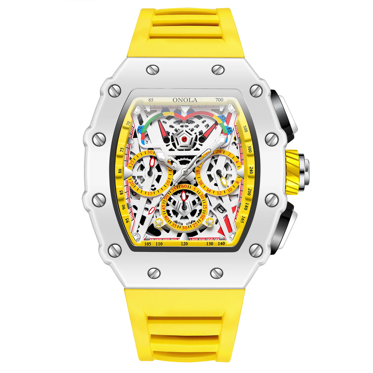 ONOLA ON6827W New Fashion Mens Tonneau Watch Waterproof Chronograph Quartz Sports Silicone Strap Yellow Wristwatch Luxury Clock