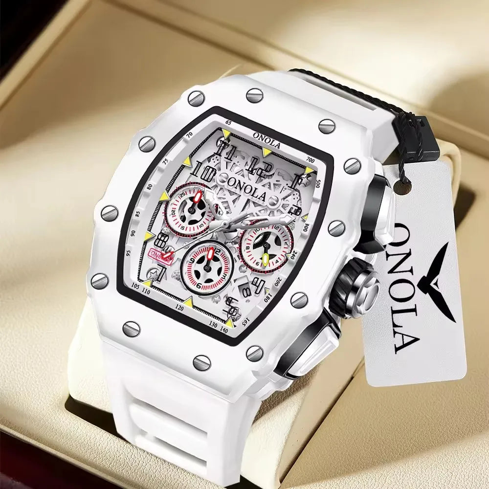 Onola 6826W Luxury Sport Silicone Clock for Men Reloj High Quality Glass Fashion Tonneau Shape Watch Alloy Case Luminous Watches