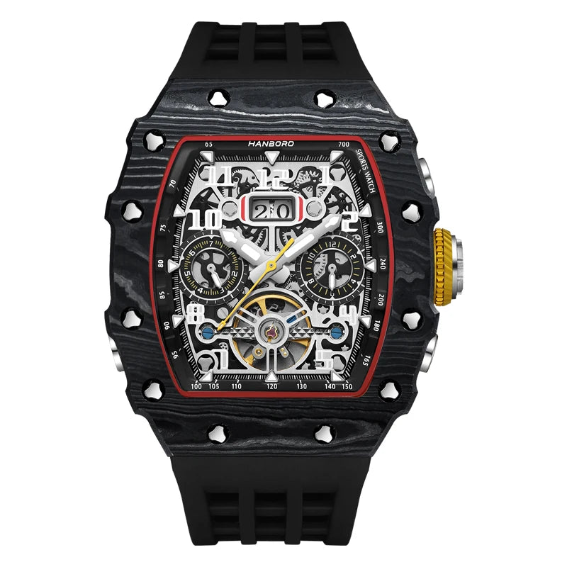 Iced Out Hip Hop Diamond Automatic Flywheel Watch for Men HANBORO Square Case Skeleton Mechanical Multifunctional Silicone Band