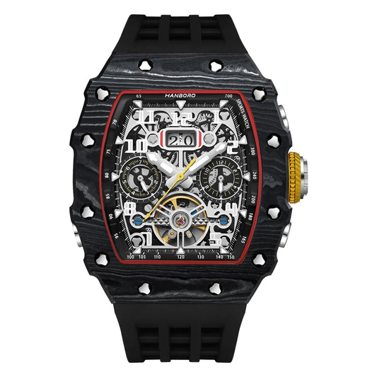 Iced Out Hip Hop Diamond Automatic Flywheel Watch for Men HANBORO Square Case Skeleton Mechanical Multifunctional Silicone Band