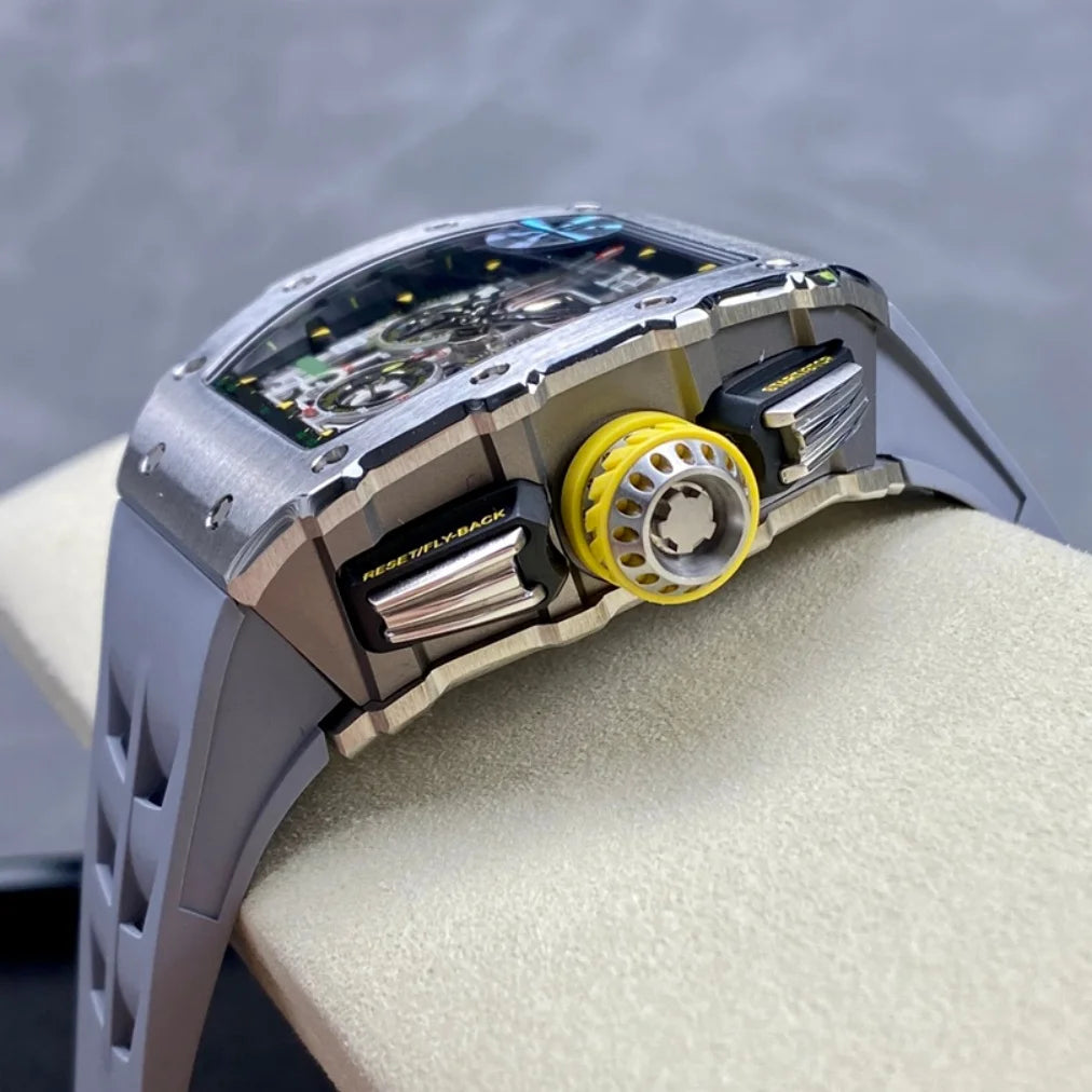 Luxury RM11-03 Style Skeleton Flyback Chronograph Automatic Watch Ti Metal Carbon Tonneau Case Rubber Strap Men Sports Watch