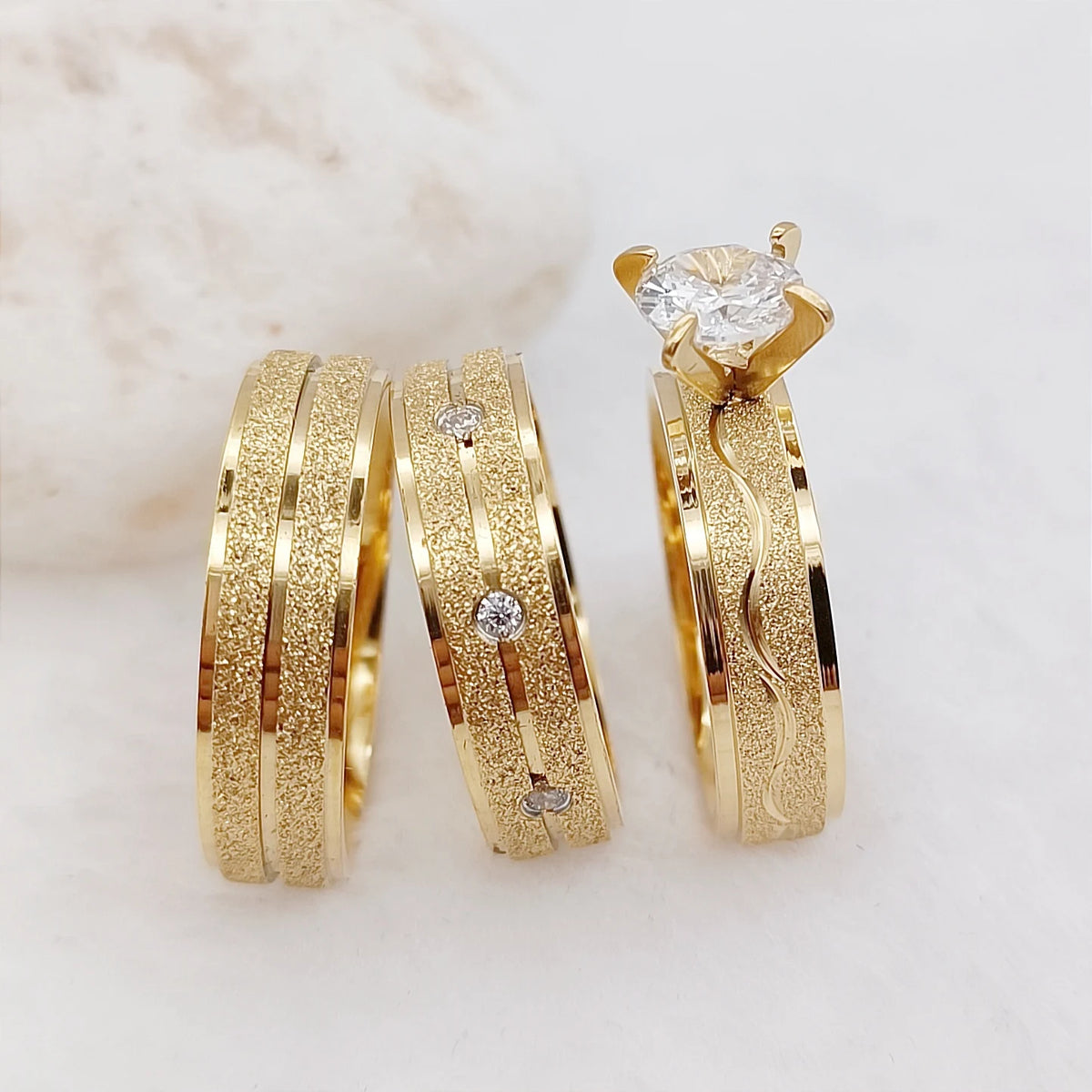 Cubic Zirconia Diamond 24k Gold Plated Jewelry Couples Wedding Engagement Rings Bridal Sets Comfort Fit