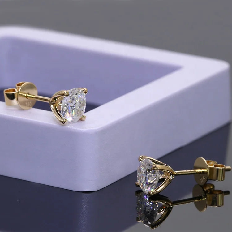 1ct X 2 Round Moissanite Diamond Stud Earrings for Women Simple 4 Claws 18K Yellow Gold Fine Jewelry