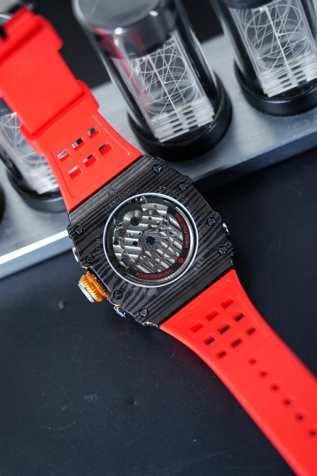 HANBORO Luxury Skeleton Wristwatch Carbon Fiber  Watch with Chronograph Waterproof Sport Watch for Men Perfect for Racing