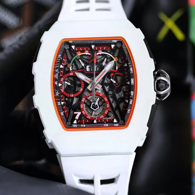 Custom Limited Edition Luxury Racing Style Lightweight Mechanical Carbon Fiber Tonneau Wristwatch Skeletonized Movement Pointer