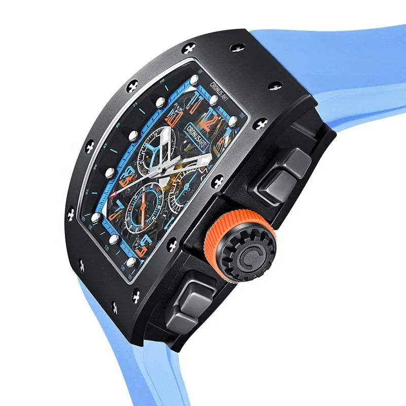 2025 Men's Carbon Tonneau  Luxury Mechanical Watches, Sapphire Crystal Glass Transparent Base Cover OEM Watches