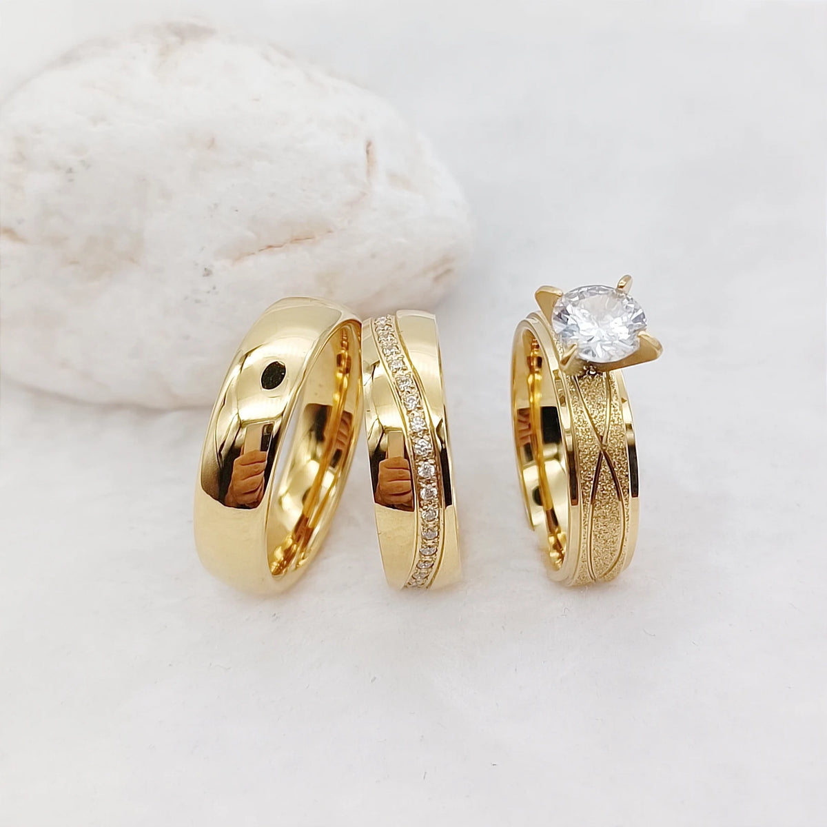 Cubic Zirconia Diamond 24k Gold Plated Jewelry Couples Wedding Engagement Rings Bridal Sets Comfort Fit