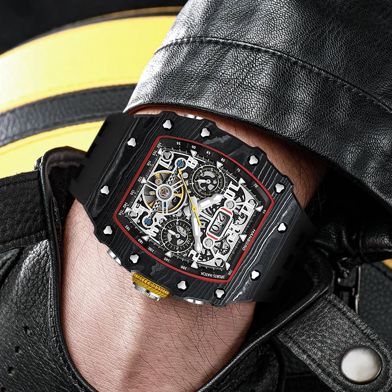 Iced Out Hip Hop Diamond Automatic Flywheel Watch for Men HANBORO Square Case Skeleton Mechanical Multifunctional Silicone Band
