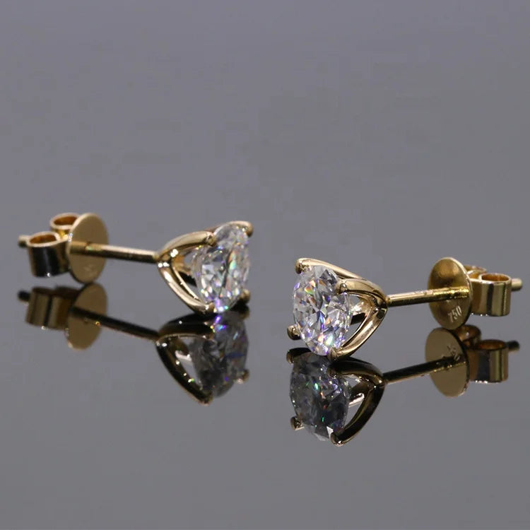 1ct X 2 Round Moissanite Diamond Stud Earrings for Women Simple 4 Claws 18K Yellow Gold Fine Jewelry