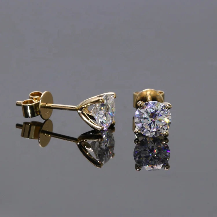 1ct X 2 Round Moissanite Diamond Stud Earrings for Women Simple 4 Claws 18K Yellow Gold Fine Jewelry