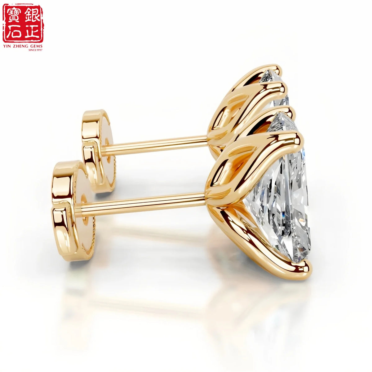 925 Sterling Silver Gold Plated Radiant Cut Moissanite Claw Setting Stud Earrings for Women's Engagement Luxury Jewelry