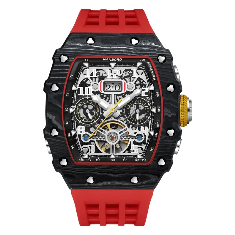 Iced Out Hip Hop Diamond Automatic Flywheel Watch for Men HANBORO Square Case Skeleton Mechanical Multifunctional Silicone Band