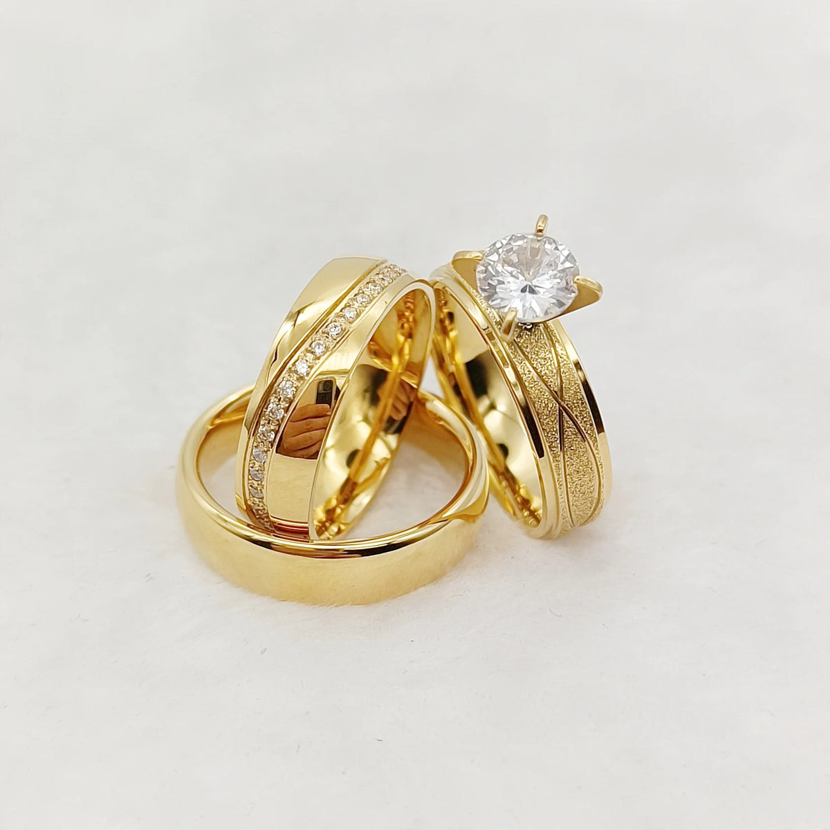 Cubic Zirconia Diamond 24k Gold Plated Jewelry Couples Wedding Engagement Rings Bridal Sets Comfort Fit